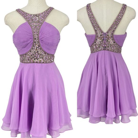 Custom Purple Beaded Halter Cocktail Dress - Picture 1 of 11